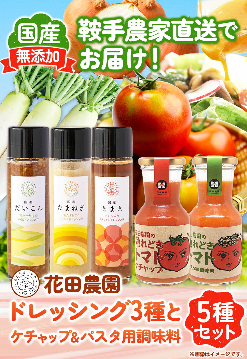 【ふるさと納税】ドレッシング3種とケチャップ＆パスタ用調味料 5種セット 花田農園 《30日以内に順次出荷(土日祝除く)》ドレッシング だいこん 大根 たまねぎ 玉ねぎ とまと トマト 野菜 国産 無添加 ケチャップ パスタ用調味料 送料無料 サムネイル2