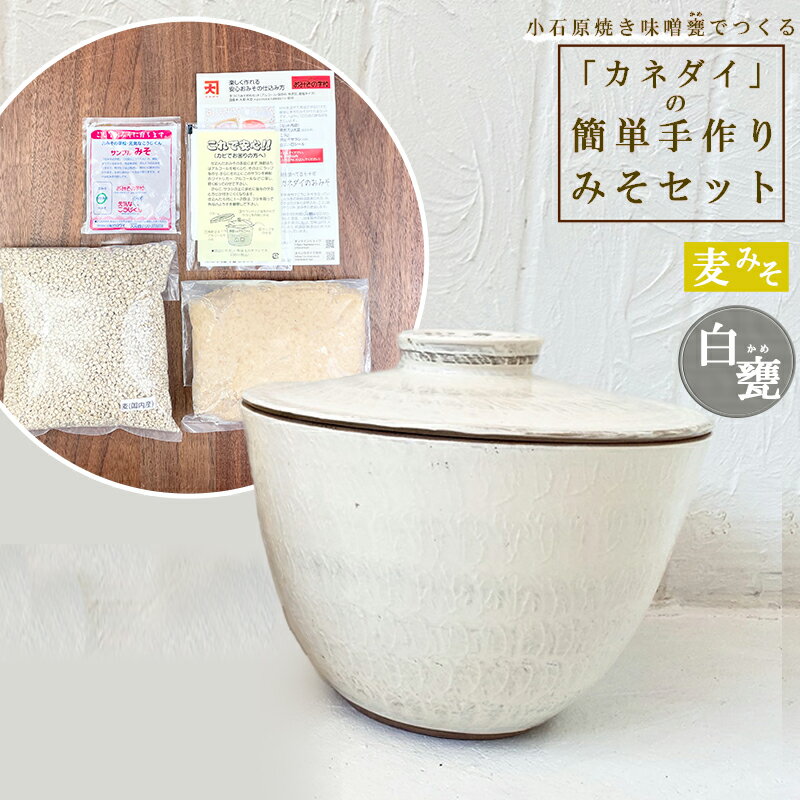 小石原焼 味噌甕 てづくり カネダイ の簡単 手作り みそセット 白甕 しろがめ 麦みそ FQ3