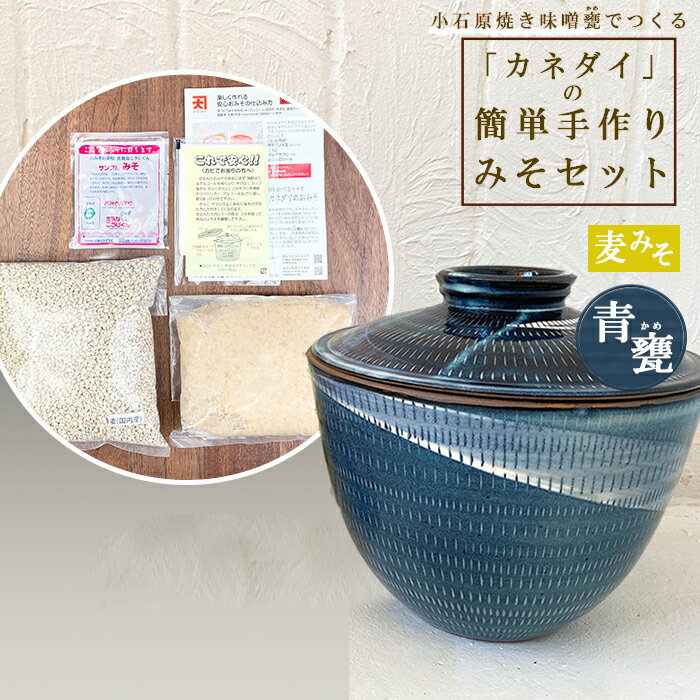 小石原焼 味噌甕 てづくり カネダイ 簡単 手作り みそセット 青甕 あおがめ 麦みそ FQ4