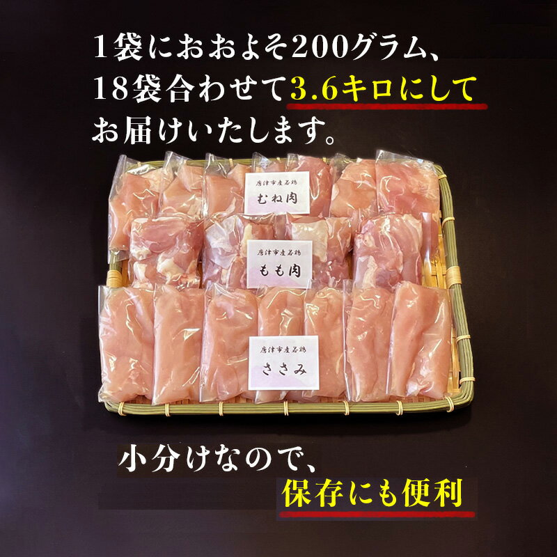 【ふるさと納税】便利な小分け！若鳥カット済「配送月が選べる」もも肉(200g×4袋)・むね肉(200g×7袋)・ささみ(7袋 合計1.4kg) 小袋詰め合わせ(合計3.6kg) 鶏肉 唐揚げ 親子丼 お弁当 サムネイル3