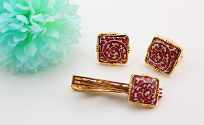 【ふるさと納税】二宮閑山 有田焼カフスタイピンセット 赤唐草紋様 A35-75 サムネイル2