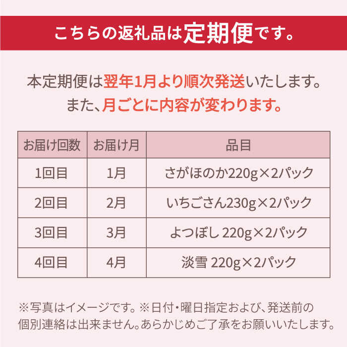 【ふるさと納税】【先行予約】【4回定期便】いちご 4品種 食べ比べ 白いちご など 希少品種 も！【岸川農園】いちご いちご定期便 さがほのか よつぼし いちごさん 淡雪 イチゴ 赤イチゴ 苺 果物 フルーツ アフターフォロー 食べ比べ 希少 佐賀県 白石町 [IAP011] サムネイル2