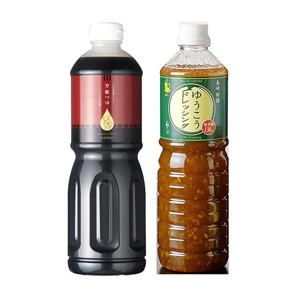 【全6回定期便】万能つゆと長崎柑橘ゆうこうドレッシング 各1000ml×1本 計12本 かつお風味 出汁 ダシ 柑橘類 卵かけご飯 炊き込みご飯 鍋つゆ 大容量セット 調味料 長崎県 長崎市 送料無料