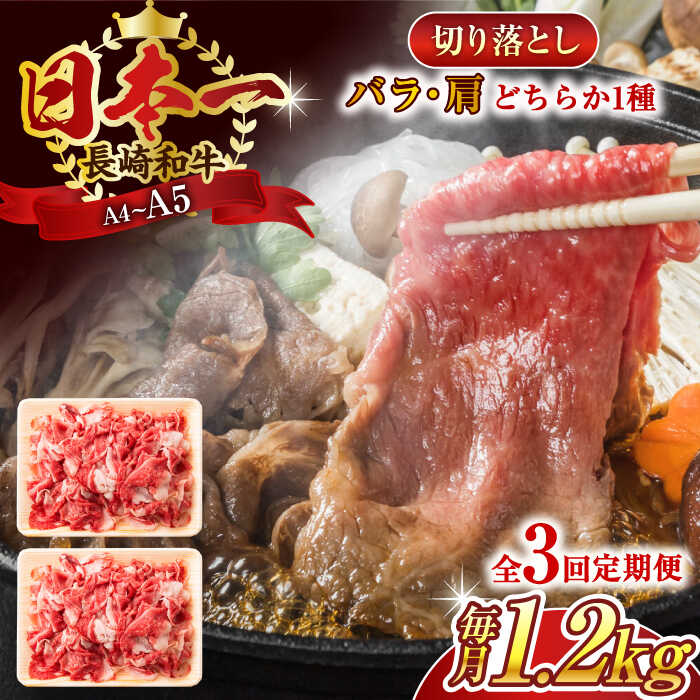 【全3回定期便】【A4〜A5】長崎和牛切り落とし　1.2kg(600g×2p）【株式会社 MEAT PLUS】[QBS051]