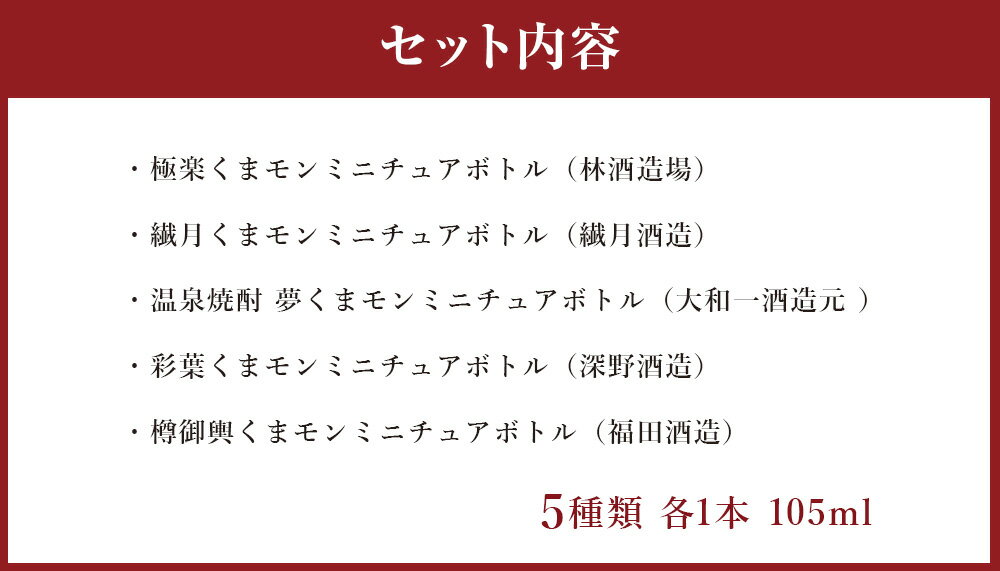 【ふるさと納税】焼酎セット くまモンパッケージ＆ミニチュアくまモンボトル 味わい別 5種類セット 各1本 105ml 詰合せ 球磨焼酎 米焼酎 お酒 酒 飲み比べ セット ゆるキャラ 人吉 球磨 熊本県 送料無料 サムネイル2