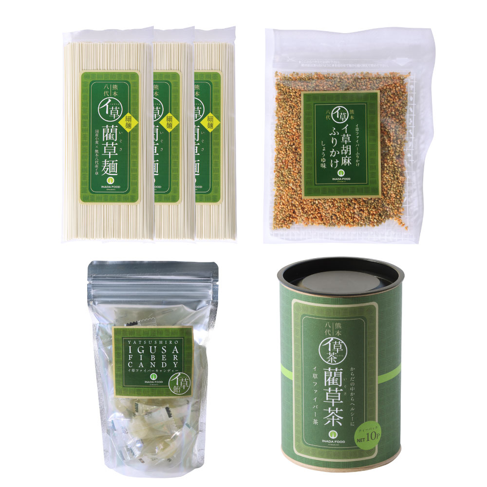 食べるい草特選セット 藺草麺 160g×3袋 イ草胡麻ふりかけ 45g×1袋 藺草飴 80g×1袋 藺草茶 1缶10袋入り 合計4種セット 麺 麺類 そうめん ふりかけ あめ 飴 アメ 茶 お茶 健康茶 いぐさ茶 いぐさティー セット 詰め合せ 楽天スーパーSALE 9月開催