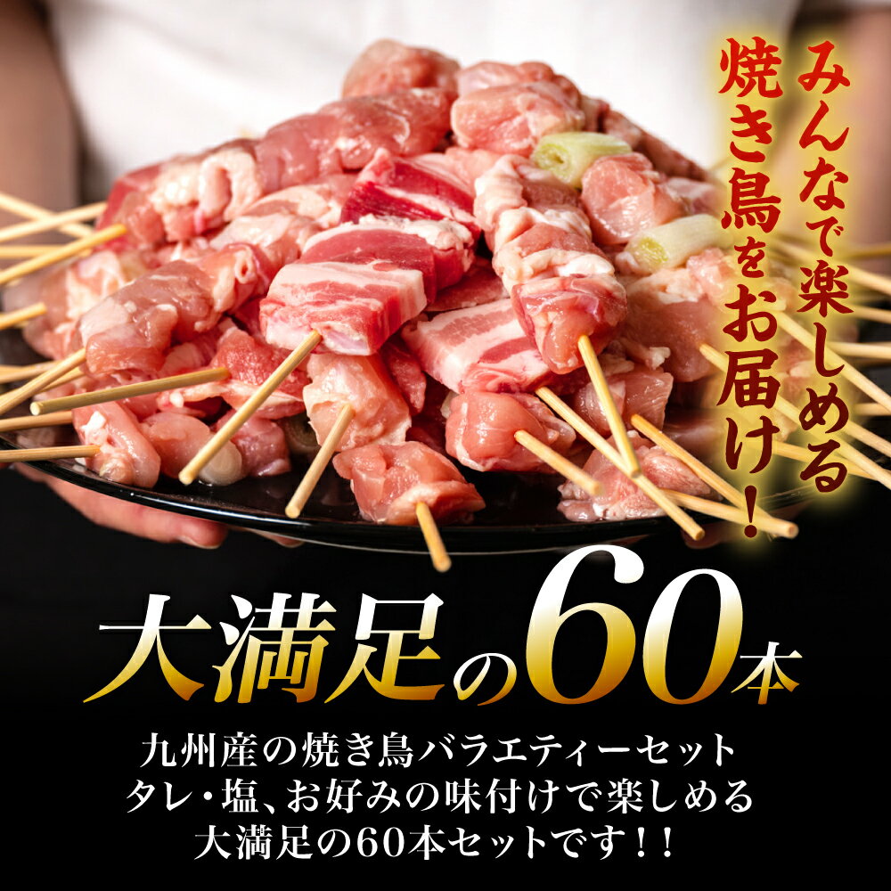 【ふるさと納税】 【選べる発送月】たっぷり60本！ 九州産 やきとりセット 3種 60本 焼鳥 焼き鳥 鶏モモ 豚バラ ネギマ お肉 串 バーベキュー BBQ 惣菜 小分け ボリューム バラエティー 国産 簡単 調理 おつまみ 詰め合わせ 冷凍 送料無料 サムネイル3