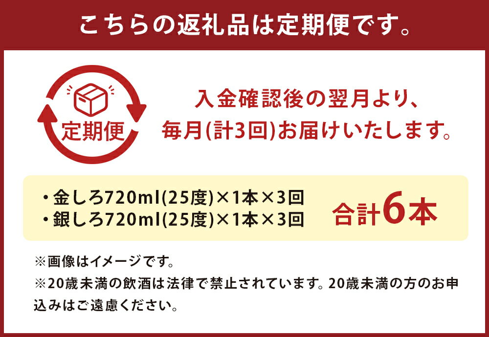 【ふるさと納税】【定期便3回】人吉の酒「金しろ、銀しろ」本格米焼酎2本セット 720ml×2本×3回お届け 合計6本 3ヶ月定期便 焼酎 米焼酎 球磨焼酎 酒 セット 飲み比べ お酒 白岳 しろ ギフト 贈り物 送料無料 サムネイル3