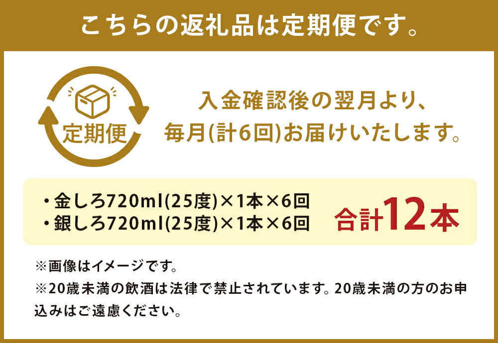 【ふるさと納税】【定期便6回】人吉の酒「金しろ、銀しろ」本格米焼酎2本セット 720ml×2本×6回お届け 合計12本 6ヶ月定期便 焼酎 米焼酎 球磨焼酎 酒 セット 飲み比べ お酒 白岳 しろ ギフト 贈り物 送料無料 サムネイル3