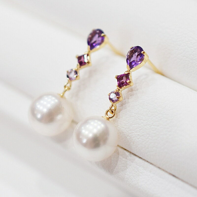 【ふるさと納税】ピアス あこや真珠 7.5mm - 8mm 半貴石 アメジスト ロードライトガーネット 3連 K18YG ホワイトピンク 真珠 パール アクセサリー ジュエリー 品質保証書 ジュエリーケース 真珠てりクロス お取り寄せ 熊本県 天草市 送料無料 サムネイル2