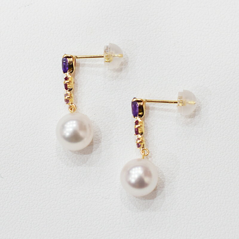 【ふるさと納税】ピアス あこや真珠 7.5mm - 8mm 半貴石 アメジスト ロードライトガーネット 3連 K18YG ホワイトピンク 真珠 パール アクセサリー ジュエリー 品質保証書 ジュエリーケース 真珠てりクロス お取り寄せ 熊本県 天草市 送料無料 サムネイル3