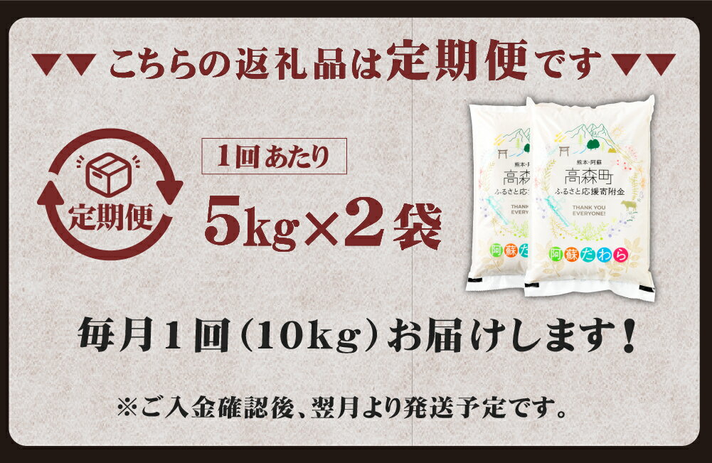 【ふるさと納税】【選べる 定期便】【無洗米】阿蘇だわら 熊本県 高森町 オリジナル米 1回あたり 10kg (5kg×2袋) 計20kg～120kg 36000円 ～ 216000円 3万6000円 ～ 21万6000円 選べる配送間隔 配送回数 毎月/隔月 2回～12回 米 お米 白米 精米 常温 - 画像2