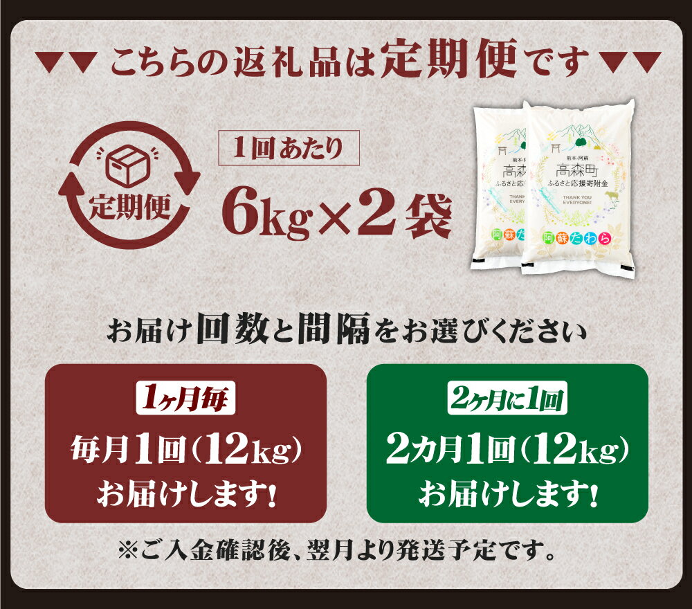 【ふるさと納税】【選べる 定期便】【無洗米】阿蘇だわら 高森町 オリジナル米 1回あたり 12kg (6kg×2袋) 計24kg～144kg 46000円～ 276000円 4万6千円 ～ 27万6千円 選べる配送 配送回数 毎月/隔月 2回～12回 米 お米 こめ 白米 ご飯 精米 常温 - 画像2
