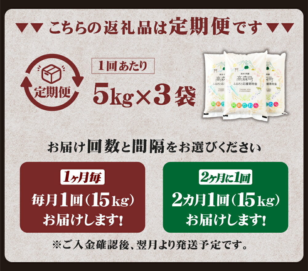 【ふるさと納税】【選べる 定期便】【無洗米】阿蘇だわら 1回あたり 15kg (5kg×3袋) 計30kg～180kg 57000円 ～ 342000円 5万7000円 ～ 34万2000円 高森町 オリジナル米 選べる配送 配送回数 毎月/隔月 2回～12回 お米 こめ 白米 ご飯 精米 米俵 送料無料 - 画像2