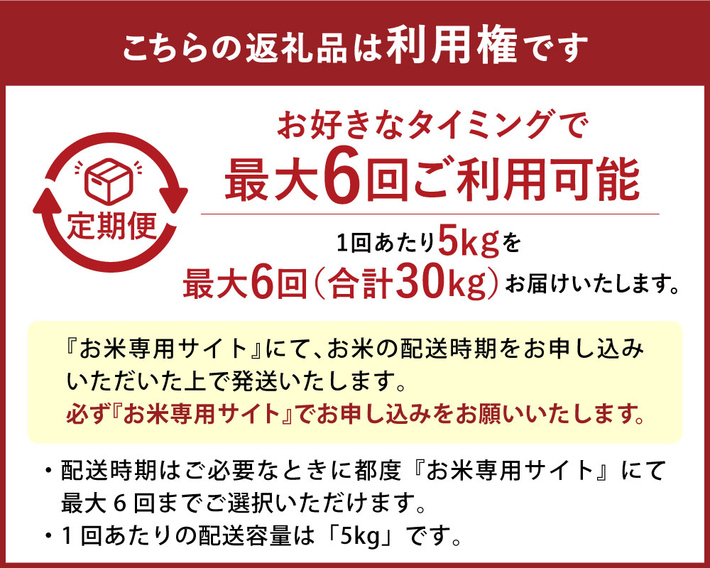 【ふるさと納税】＜定期便 6回分＞ らくらくお米便 半俵コース 合計 30kg 利用権 5kg×6回 88000円 8万8000円 くまさんの輝き 利用券 お米 ごはん 精米 米俵 白米 玄米 分づき米 配送時期 精米レベル 指定可能 熊本県 高森町 国産 送料無料 - 画像3