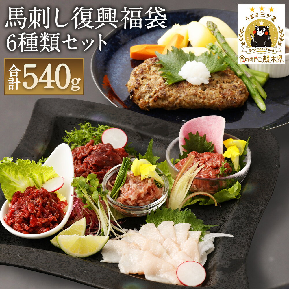 馬刺し復興福袋 6種類セット 約540g 馬刺しのたれ付き 11000円 1万1000円 赤身切り落とし/コウネスライス/フタエゴダイス/線切りユッケ/桜うまトロ/馬肉ハンバーグ 真空パック 熊本馬刺し セット 食べ比べ 送料無料