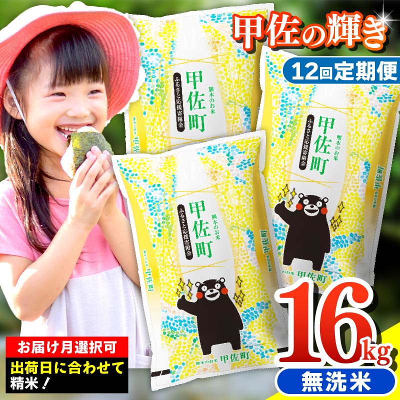 令和7年産【定期便12ヶ月】『甲佐の輝き』無洗米16kg×12ヶ月（5kg×2袋、6kg×1袋）【配送月選択可！】／出荷日に合わせて精米 - 国産 白米 無洗米 ブレンド米 訳あり 厳選 マイスター 熊本県 甲佐町【価格改定ZO】
