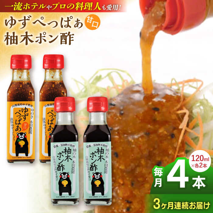 【全3回定期便】ゆずぺっぱぁ 甘口 120ml 柚木ポン酢 120ml 各2本 柚子 ゆず ポン酢 ゆずポン酢 ゆずポン 液体柚子胡椒 タレ ドレッシング 調味料 国産 九州産 熊本県産 山都町産 熊本 山都町【本田農園】[YDL016]