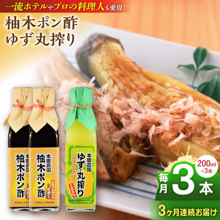 【全3回定期便】柚木ポン酢 200ml 2本 柚子丸搾り 200ml 1本 柚子 ゆず ポン酢 ゆずポン酢 ゆずポン 完熟柚子 さっぱり 柑橘 果汁 酢の物 すし酢 酸味付け 柚子湯 柚子蜜 調味料 国産 九州産 熊本県産 山都町産 熊本 ドレッシング【本田農園】[YDL021]