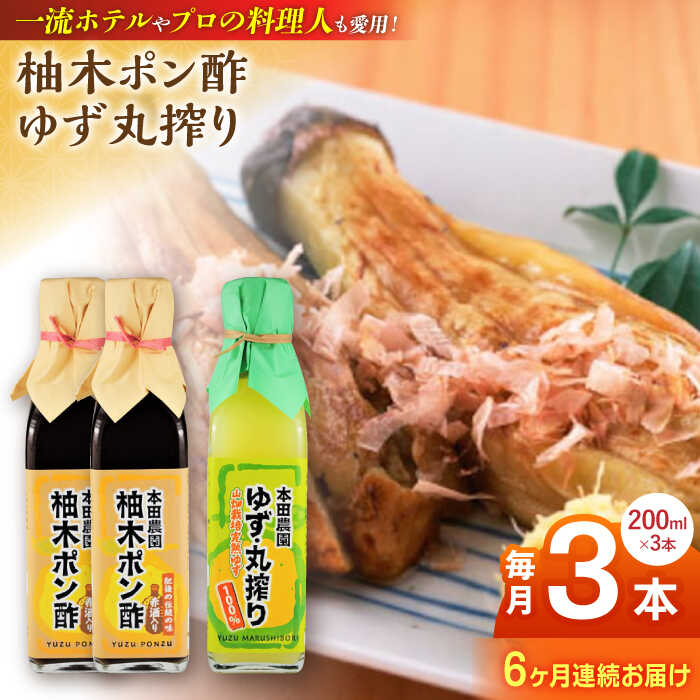 【全6回定期便】柚木ポン酢 200ml 2本 柚子丸搾り 200ml 1本 柚子 ゆず ポン酢 ゆずポン酢 ゆずポン 完熟柚子 さっぱり 柑橘 果汁 酢の物 すし酢 酸味付け 柚子湯 柚子蜜 調味料 国産 九州産 熊本県産 山都町産 熊本 ドレッシング【本田農園】[YDL032]