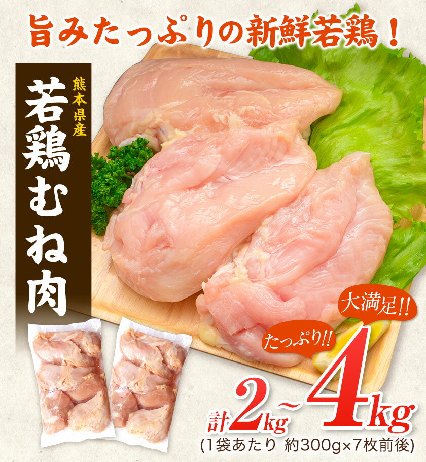 【ふるさと納税】＼内容量が選べる！／大容量 鶏肉 熊本県産 若鶏むね肉 内容量選べる 2kg または 4kg《30日以内に出荷予定(土日祝除く)》 　モモ肉 モモ 若鶏モモ 鶏モモ ムネ 鶏ムネ ムネ肉 若鶏ムネ サムネイル2