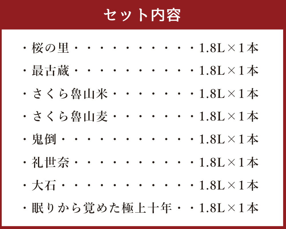 【ふるさと納税】水上村の焼酎 飲みくらべ 1.8L×8本セット 74000円 7万4000円 焼酎 米焼酎 麦焼酎 お酒 酒 アルコール 焼酎詰め合わせ 飲み比べ 桜の里 最古蔵 さくら魯山米 さくら魯山麦 鬼倒 礼世奈 大石 眠りから覚めた極上十年 ギフト 熊本県産 送料無料 サムネイル2