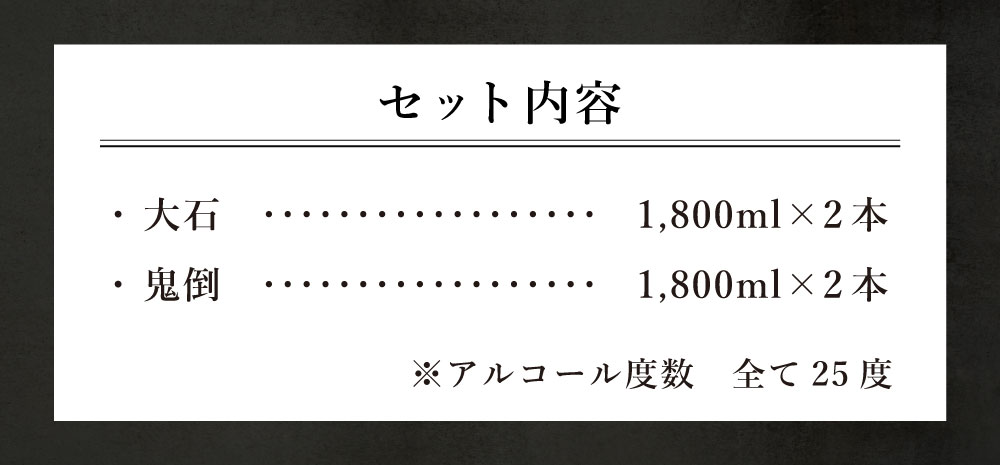 【ふるさと納税】大石・鬼倒 宅飲みセット 2種 1,800ml 各2本 合計7,200ml お酒 酒 焼酎 飲み比べ セット 米 アルコール 25度 大石 鬼倒 金賞 瓶 飲料 熊本県産 国産 送料無料 サムネイル3