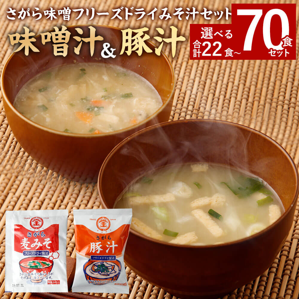 ＜選べる セット＞ さがら味噌 フリーズドライ 味噌汁 豚汁 合計22食～合計70食セット 2種類 即席味噌汁 とん汁 お湯を注ぐだけ 簡単 便利 インスタント スープ 味噌 みそ 麦みそ みそ汁 お味噌汁 九州 熊本県 相良村 送料無料
