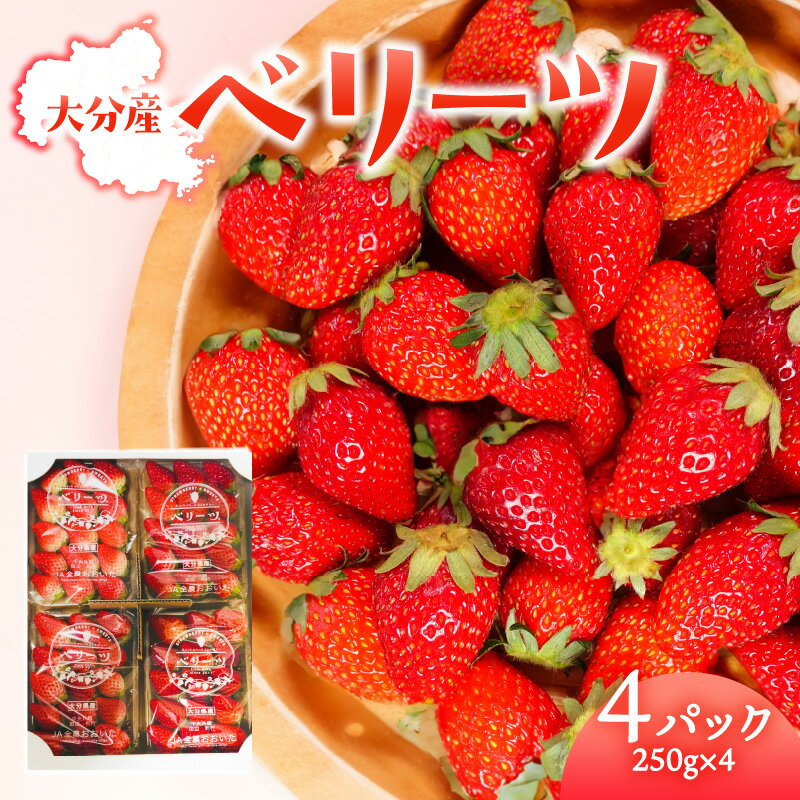 【先行予約※2026年2月下旬より発送開始】大分県ブランド いちご ベリーツ 約250g×4パック 苺 いちご イチゴ 大分県産 ストロベリー スイーツ 果物 フルーツ おやつ デザート 4パック入り 新品種 甘い オリジナル品種 お取り寄せ 果実 九州 C07010