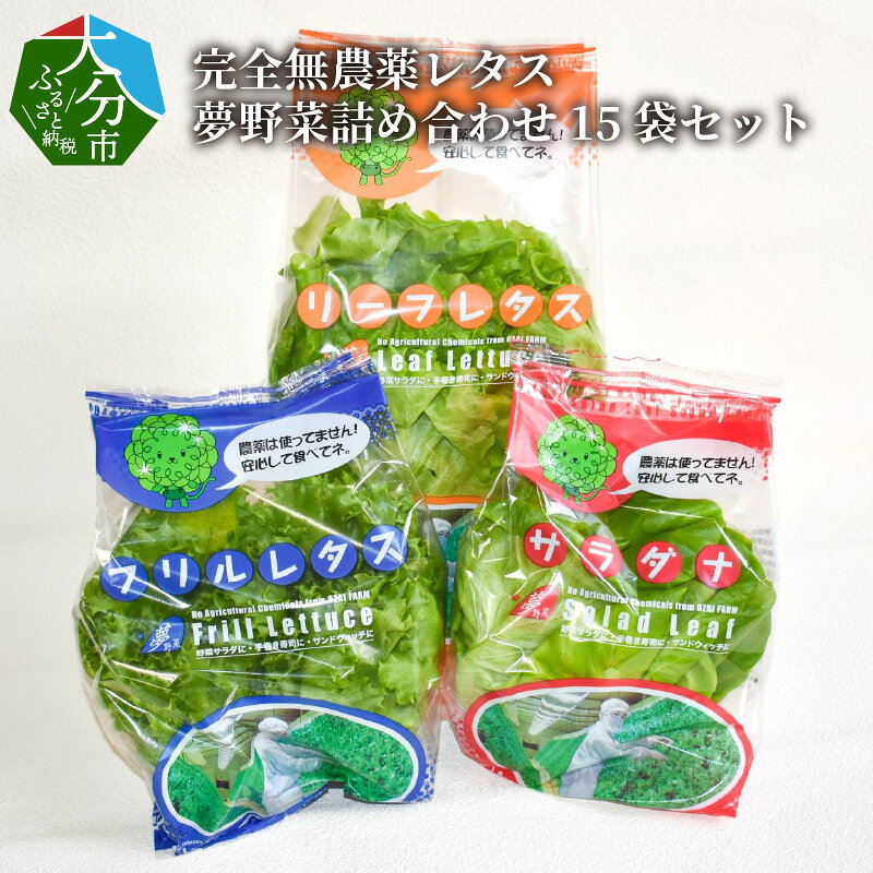 完全無農薬レタス 夢野菜詰め合わせ15袋セット 国産 大分産 サラダ菜 リーフレタス フリルレタス 水耕栽培 安心 安全 洗浄済み 大量 まとめ買い 食物繊維 サンドウィッチ 寿司 新鮮野菜 洗わず食べられる野菜 健康 サラダ 農薬不使用 安心 九州産 F01003