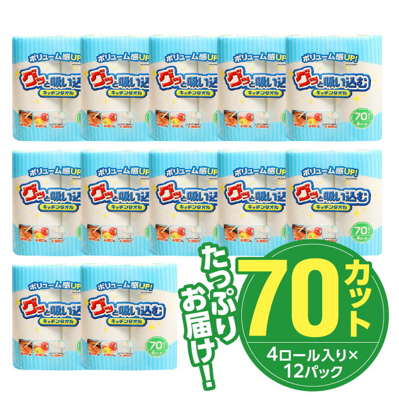 【ふるさと納税】大容量で使い勝手抜群！！キッチンタオル70カット 48ロール【選べる回数】 1回〜（計12パック〜72パック） 日本製 キッチンペーパー ペーパータオル まとめ買い 電子レンジ使用可 消耗品 厚手 日用品 高評価 生活用品 揚げ物 料理 掃除 R14019 サムネイル2