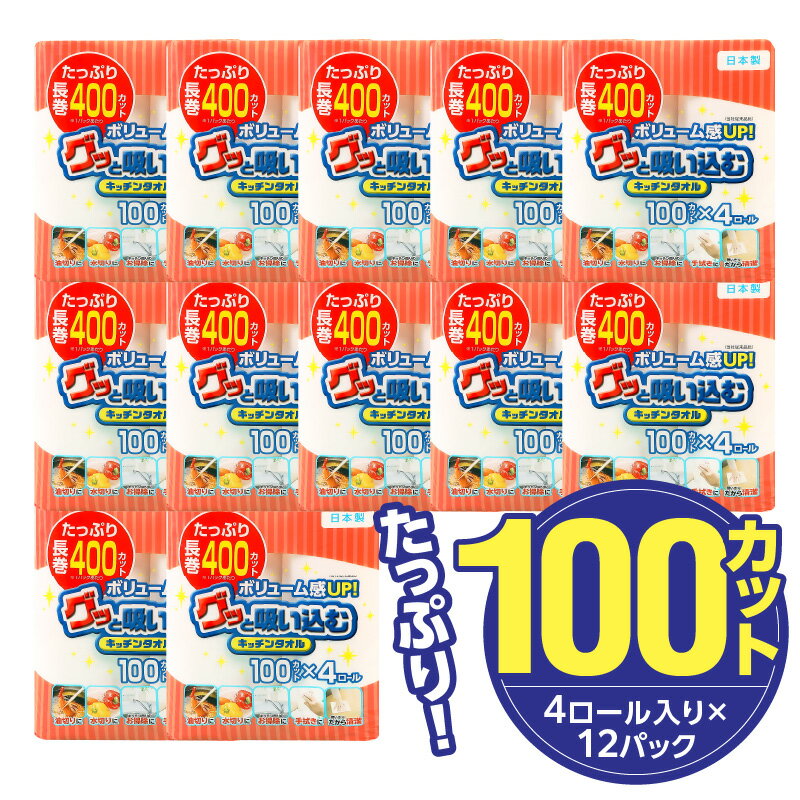 【ふるさと納税】〈しっかり吸収やぶれにくい！〉グッと吸い込むキッチンタオル100カット（4ロール×12パック）【選べる回数】 1回～ 日本製 キッチンペーパー ペーパータオル 大容量 まとめ買い 消耗品 日用品 電子レンジ 破れにくい 吸水力 長持ち 揚げ物 料理 掃除 R14030 サムネイル2