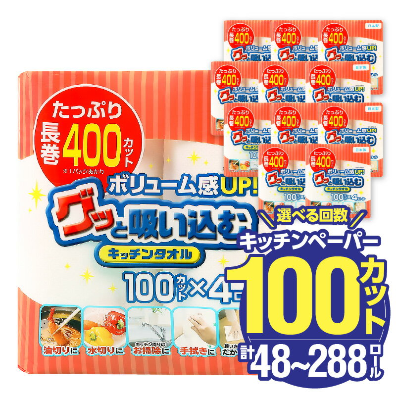 〈しっかり吸収やぶれにくい！〉グッと吸い込むキッチンタオル100カット（4ロール×12パック）【選べる回数】 1回～ 日本製 キッチンペーパー ペーパータオル 大容量 まとめ買い 消耗品 日用品 電子レンジ 破れにくい 吸水力 長持ち 揚げ物 料理 掃除 R14030