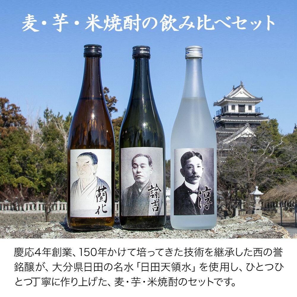 【ふるさと納税】蘭学の里中津 芋・麦・米焼酎720ml×3本セット 西の誉銘醸 老舗酒造 | お酒 酒 アルコール 日本酒 地酒 焼酎 芋焼酎 麦焼酎 米焼酎 セット 呑み比べ 飲み比べ 晩酌 九州 大分県 中津市 送料無料 サムネイル2