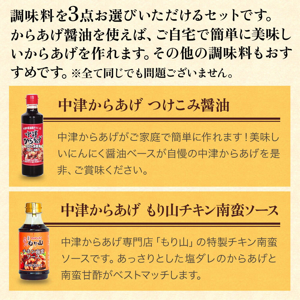 【ふるさと納税】蔵工房・二反田醤油 調味料お選び3点セット | 調味料 中津からあげ漬け込み醤油 もり山チキン南蛮ソース から揚げげソース柚子・にんにく 柚子胡椒 合わせ味噌 米麹味噌 万能ソース 醤油 しょうゆ 味噌 ソース セット 大分県 中津市 送料無料 サムネイル2