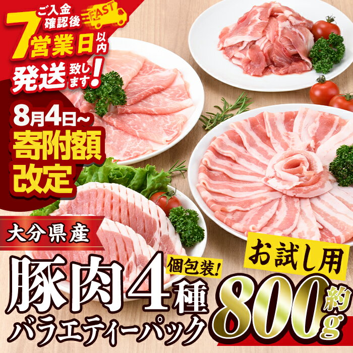 ＼高評価★満足度95％以上／ スピード発送 ＜お試し用＞ 豚肉バラエティーパック (合計800g ・4種) 額改定 豚 ぶた 豚バラ とんかつ ロース 豚こま こま切れ スライス 豚しゃぶ しゃぶしゃぶ 小分け 個包装 セット 詰め合わせ 冷凍【BD211】【西日本畜産】