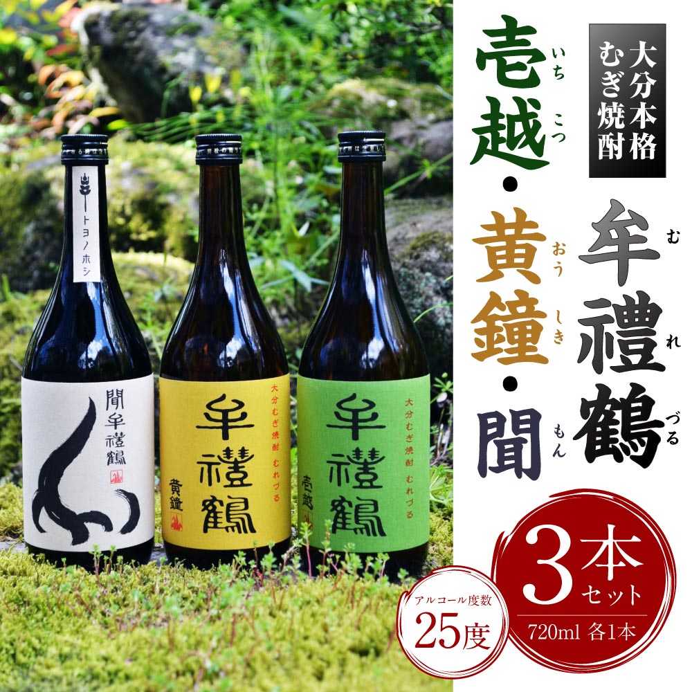 【ふるさと納税】大分本格むぎ焼酎 壱越 黄鐘 聞牟禮鶴 むれづる 720ml×3本 セット 3種 麦焼酎 25度 二条大麦100％ お酒 飲料 瓶 ギフト 贈り物 飲み比べ 国産 大分県 九州 送料無料 サムネイル2