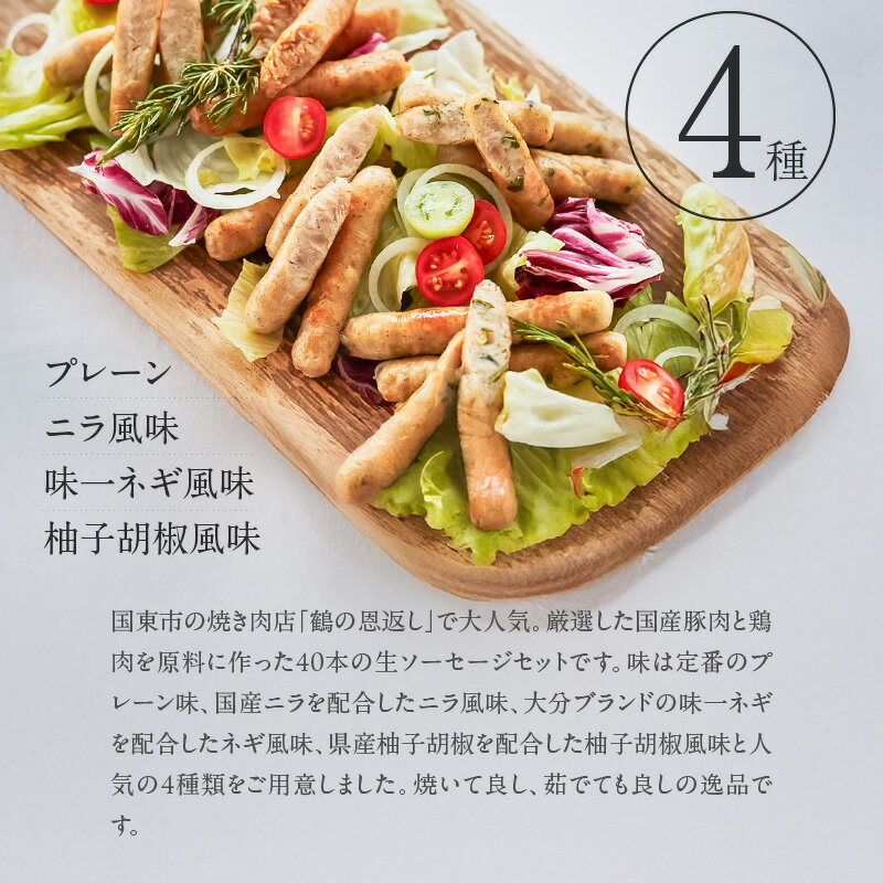 【ふるさと納税】保存料 酸化防止剤 発色剤 無添加 生 ソーセージ 10本 × 4種 40本 800g 詰め合わせ 食べ比べ セット ウィンナー 生ソーセージ プレーン 味一ネギ 柚子胡椒 ニラ 小分け 国産 豚肉 鶏肉 お取り寄せ グルメ おかず おつまみ BBQ アウトドア キャンプ 送料無料 サムネイル3
