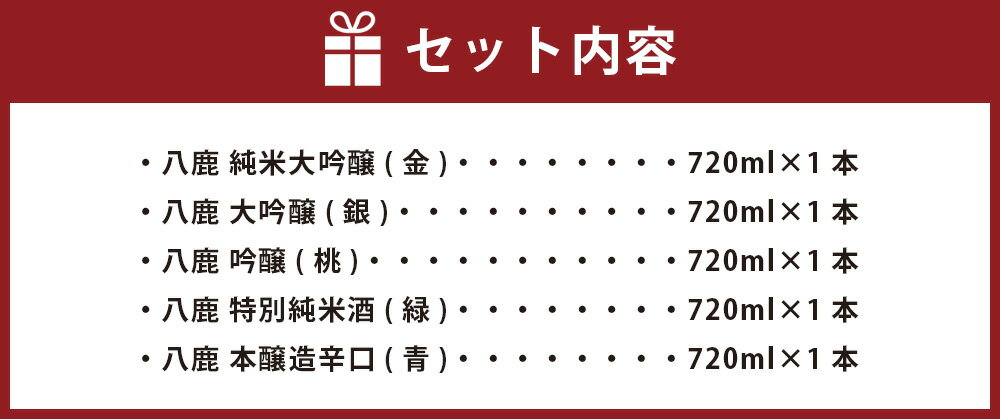【ふるさと納税】八鹿 五酒 飲み比べセット 純米大吟醸(金) 大吟醸(銀) 吟醸(桃) 特別純米酒(緑) 本醸造辛口(青) 720ml×5本 セット 日本酒 純米大吟醸 大吟醸 吟醸 特別純米酒 本醸造辛口 お酒 アルコール 瓶 国産 九州産 大分県産 送料無料 サムネイル3