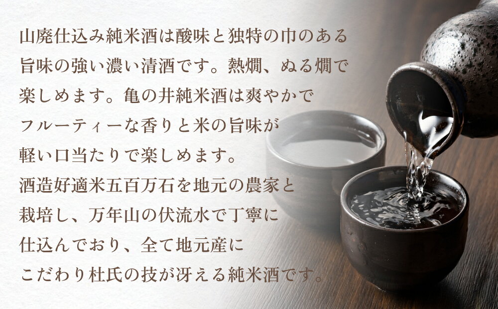 【ふるさと納税】日本酒 亀の井 純米酒 720ml 2本セット（山廃仕込み空河純米酒 亀の井純米酒） 亀の井 純米酒 亀の井酒造 山廃仕込み 空河 酸味 旨味 熱燗 ぬる燗 フルーティー 香り 米の旨味 軽い口当たり 米 五百万石 酒造好適米 万年山伏流水 四号瓶 サムネイル2