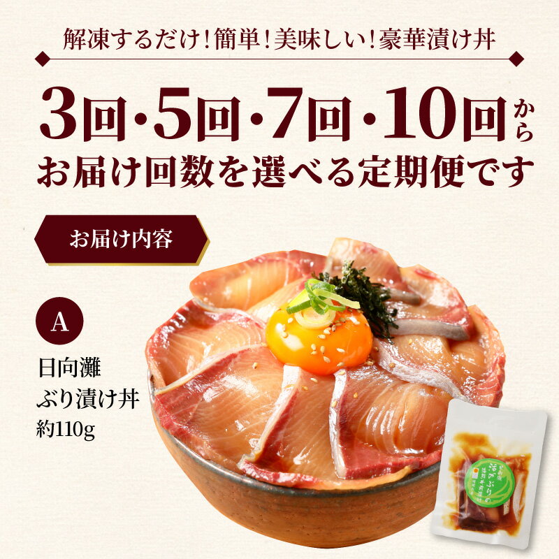 【ふるさと納税】リピーター続出 海鮮漬け丼 セット 定期便 選べる 回数 3 ~ 10回 鮮度抜群 ぶり 真鯛 かんぱち まぐろ サーモン 漬け丼 タレ 漬け 海鮮丼 バラエティ 簡単 便利 小分け 個包装 刻み海苔 流水解凍 5分 日向灘 九州 宮崎県 延岡市 冷凍 お取り寄せ 送料無料 - 画像3