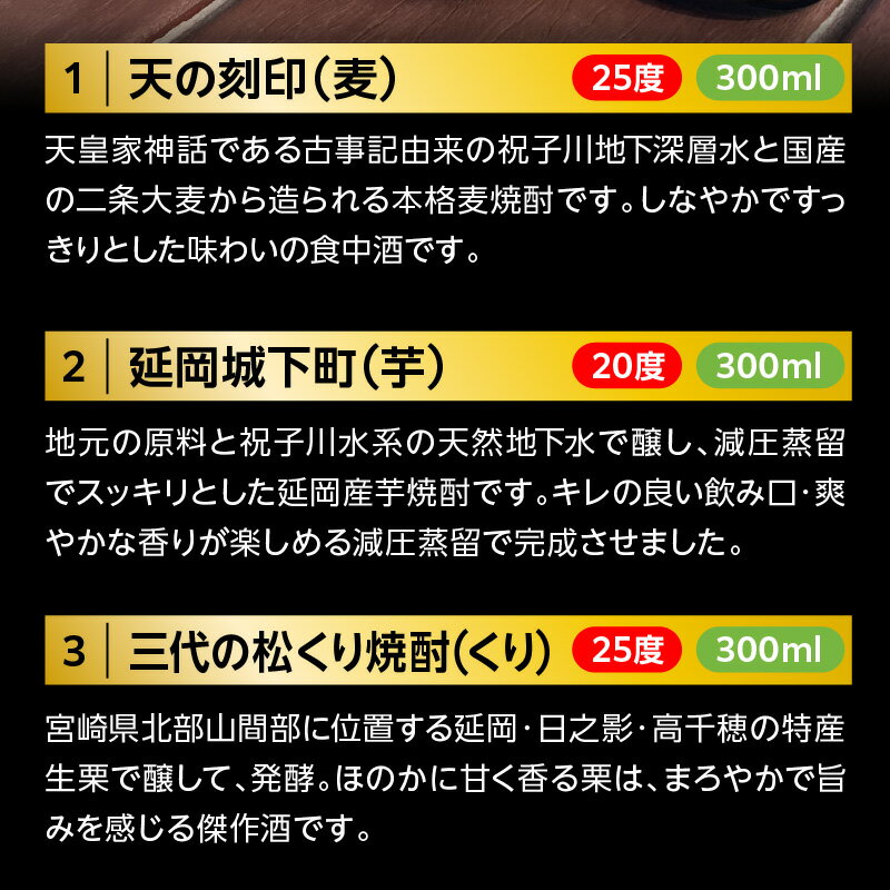 【ふるさと納税】地酒 ベスト セレクション 300ml 3本セット ボトル 国産 麦 芋 くり 本格 麦焼酎 芋焼酎 くり焼酎 天の刻印 延岡城下町 三代の松 化粧箱 天然 地下水 二条大麦 まろやか すっきり 佐藤焼酎 宮崎県 延岡市 送料無料 サムネイル3