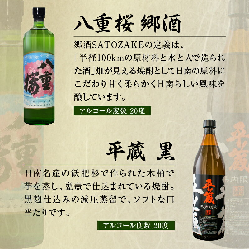 【ふるさと納税】日南 宮崎 焼酎 セットF 20度 各900ml 八重桜 郷酒 日南限定 平蔵 黒 宮崎県内限定 匠蔵 こだわり会限定 かね京かんろ お酒 アルコール 飲料 飲み物 芋焼酎 かめつぼ仕込み 飲み比べ お取り寄せ グルメ 詰め合わせ 京屋酒造 古澤醸造 櫻乃峰酒造 送料無料 サムネイル2