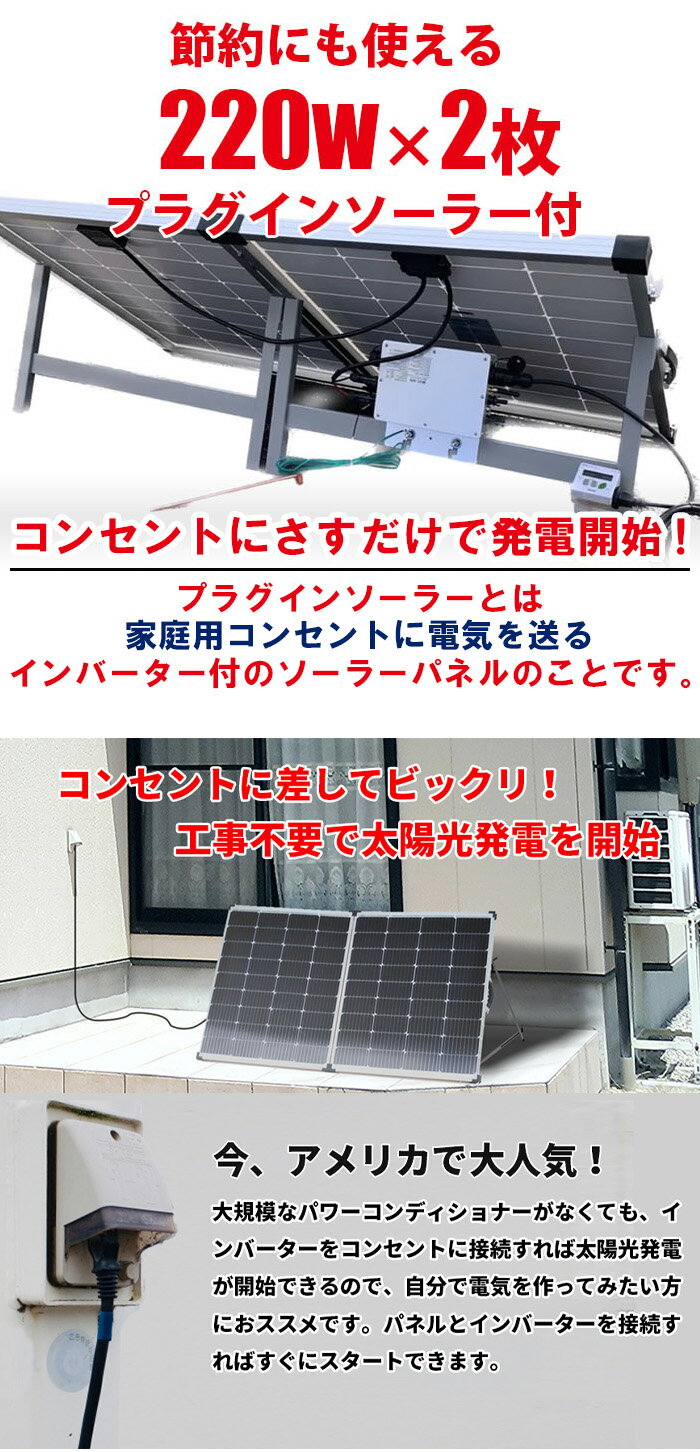 【ふるさと納税】＜電気節約キット（プラグインソーラー440W（220W・40V-2枚）＋折り畳みソーラーパネル40W（1枚）＞※入金確認後、6か月以内に順次出荷 発電機 災害対策 地震対策 震災対策 停電対策 防災 防災グッズ 太陽光発電 キャンプ 車中泊 株式会社関谷 宮崎県 国富町 サムネイル2