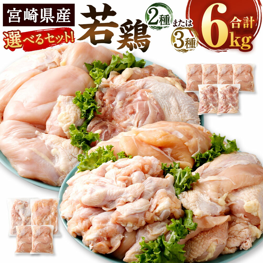 ＜宮崎県産 若鶏 2種 または 3種 計6kg セット＞翌月末迄に順次出荷 鶏肉 鳥肉 肉 個包装 ムネ モモ 手羽元 花いちもんめ 鶏肉 特産品 宮崎県 高鍋町 【冷凍】