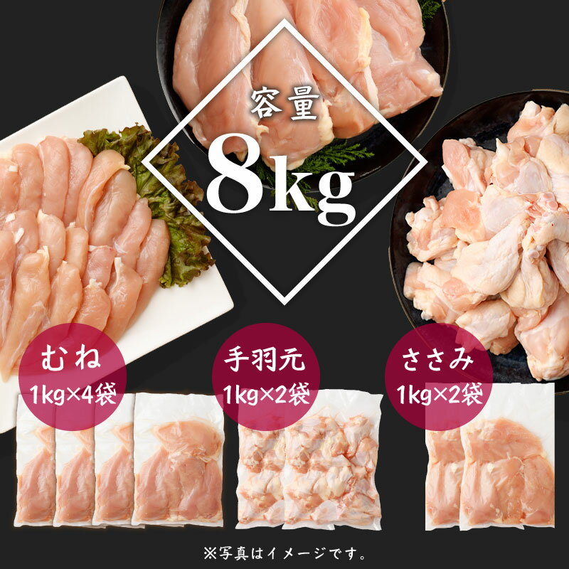 【ふるさと納税】宮崎県産 若鶏8kgセット 鳥肉 ムネ肉 4kg 手羽元 2kg ササミ 2kg 冷凍 真空パック おかず 国産 - 画像2