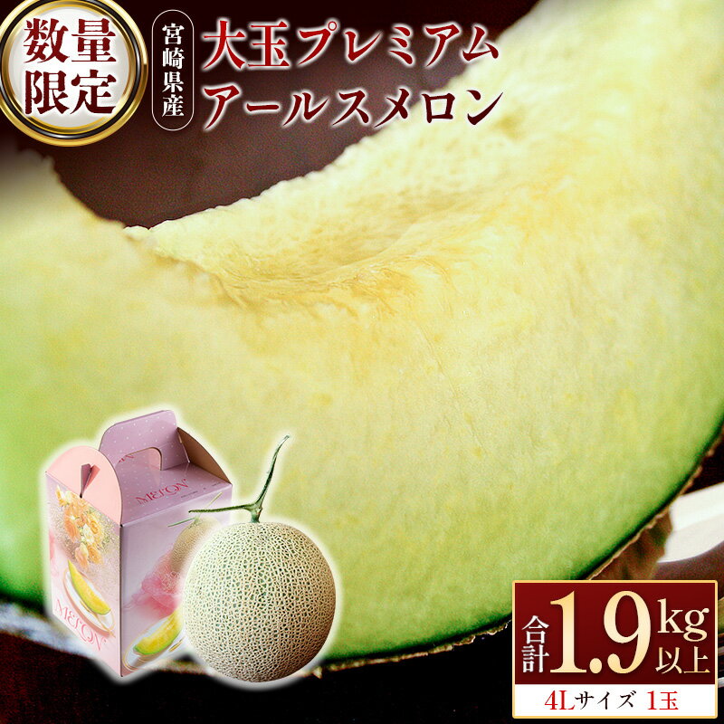 ＜数量限定＞大玉 プレミアムアールスメロン 4L1玉 秀品 1.9kg以上 先行予約 国産 贈答 化粧箱入 宮崎県産