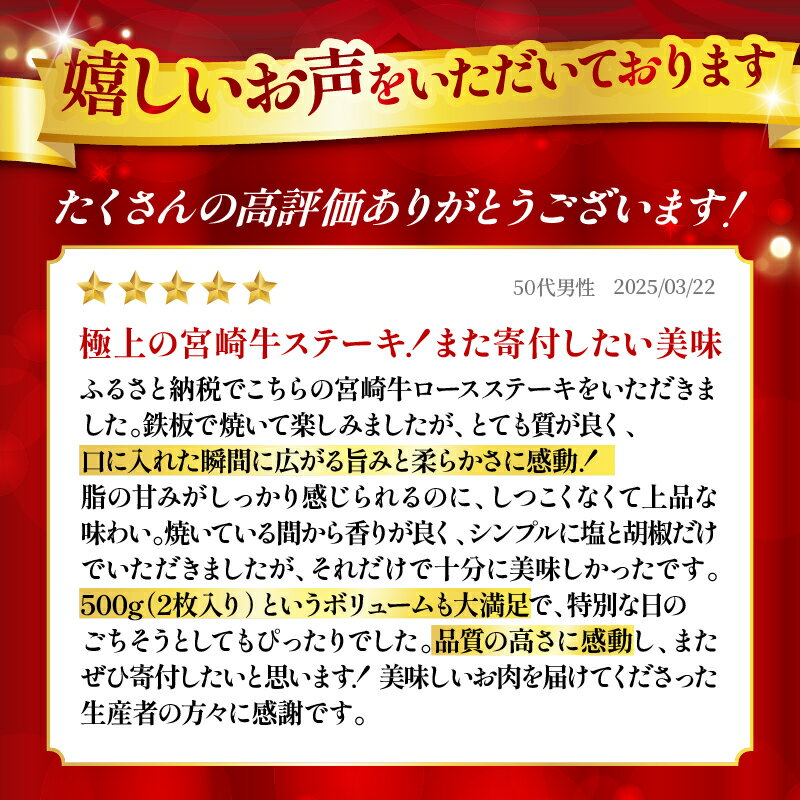 【ふるさと納税】★生産者応援★ 数量限定 宮崎牛 ロースステーキ 計500g 2枚 肉 牛肉 牛 和牛 A4 A5 国産 おすすめ プレゼント ギフト 贈り物 贈答 ご褒美 お返し ステーキ ステーキ丼 焼肉 鉄板焼き BBQ 冷凍 黒毛和牛 ミヤチク 宮崎県 都農町 送料無料 サムネイル2
