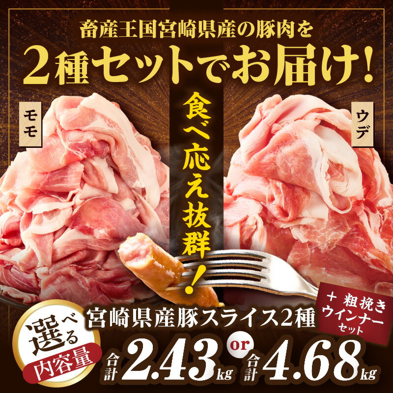 【ふるさと納税】≪選べる内容量≫ 宮崎県産 豚スライス (ウデ・モモ) ＆ 粗挽きウインナー セット 合計2.43kg 合計4.68kg 肉 豚肉 ソーセージ 赤身肉 小分け 詰め合わせ 人気 おすすめ 肉巻きおにぎり ギフト ミヤチク 都農町 送料無料 サムネイル2