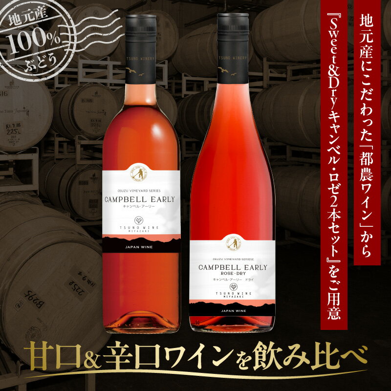 【ふるさと納税】【定期便も選べる】贅沢 都農ワイン Sweet ＆ Dry キャンベル ・ ロゼ 2本 セット 酒 飲料 アルコール 国産 飲み比べ 赤ワイン ぶどう 甘口 辛口 食前酒 食中酒 ご褒美 パーティー お祝 記念日 イベント お取り寄せ 家呑み 宮崎県 都農町 送料無料 サムネイル2
